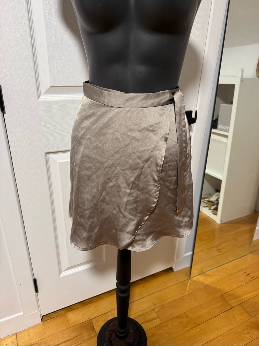 Satin Wrap Mini Skirt in Taupe